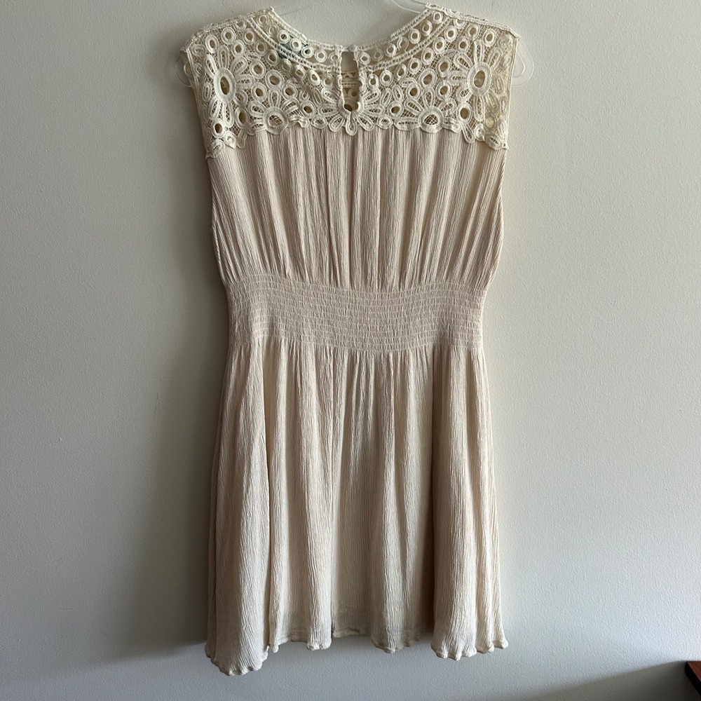 Sundance Mini Dress Ivory Small Crochet Lace Crinkle Gauze Smocked Waist Boho - Picture 4 of 7